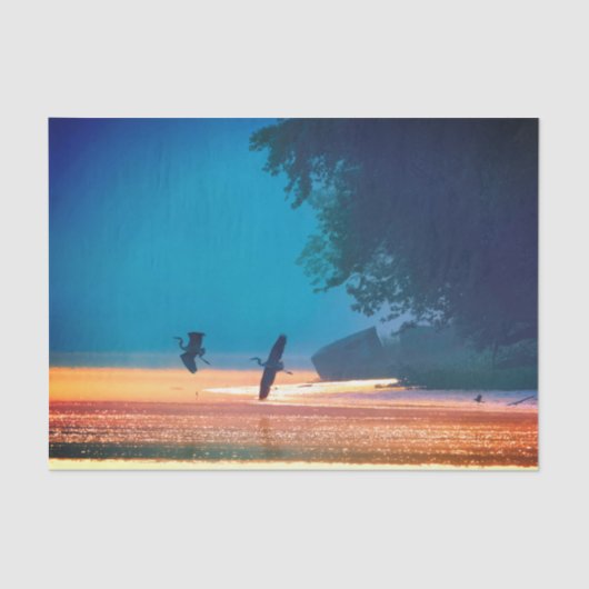 Grote blauwe haren vliegen naar blauw tissuepapier (Voorkant)