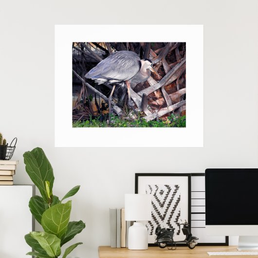 Grote blauwe haron en palmboom poster (Thuiskantoor)