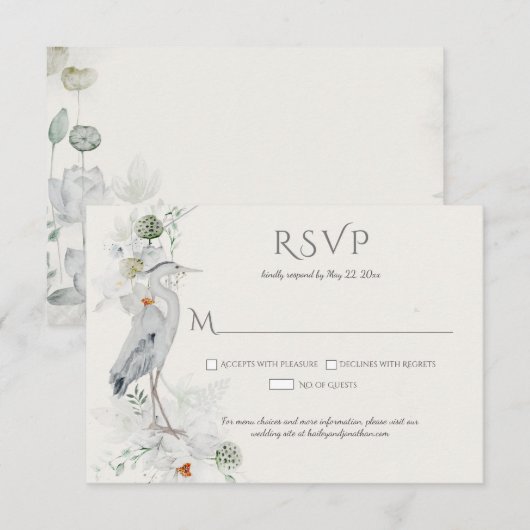 Grote Blauwe Heron Etherische Bloemen RSVP Kaartje (Voorkant / Achterkant)