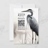 Grote Blauwe Heron Kustvogel QR Code Bruiloft RSVP Kaartje (Voorkant)