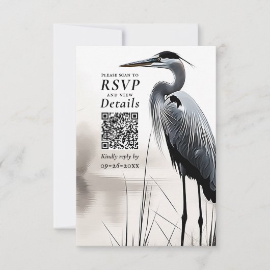 Grote Blauwe Heron Kustvogel QR Code Bruiloft RSVP Kaartje (Voorkant)