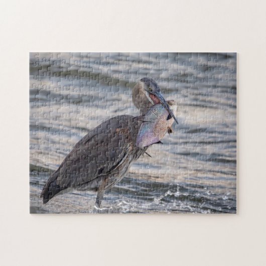 Grote Blauwe Heron met een enorme vis Legpuzzel (Horizontaal)