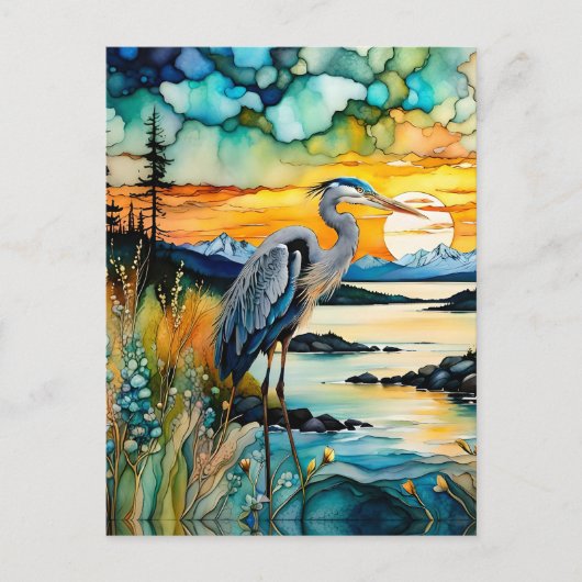 Grote blauwe Heron Mountain zonsopgang Briefkaart (Voorkant)