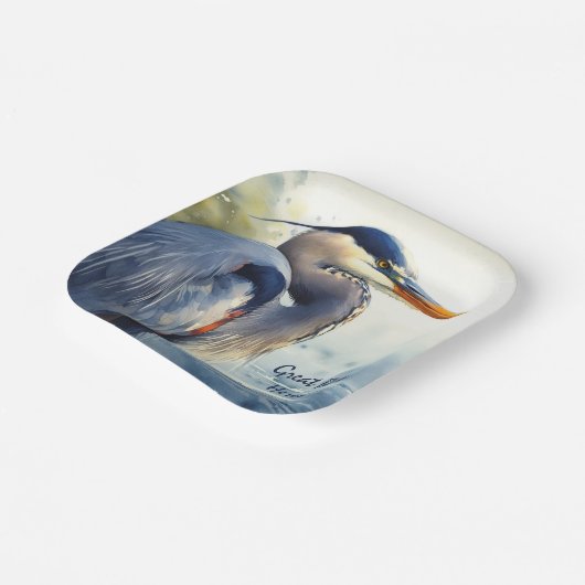 Grote Blauwe Heron Waterverf Vogelkunst Wetlands Papieren Bordje (Gebogen)