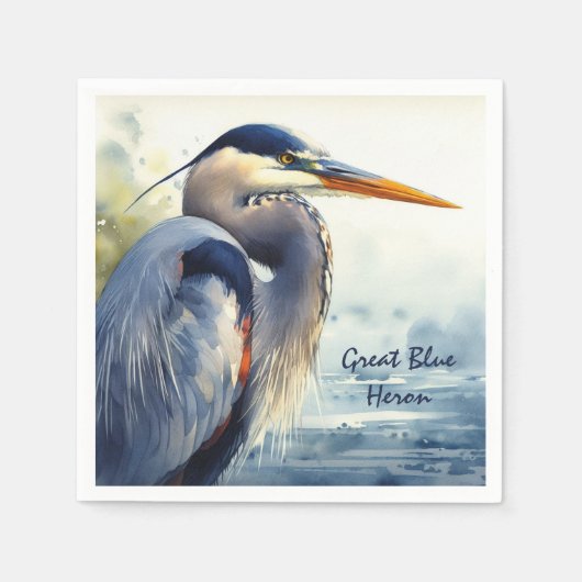 Grote Blauwe Heron Waterverf Vogelkunst Wetlands Servet (Voorkant)
