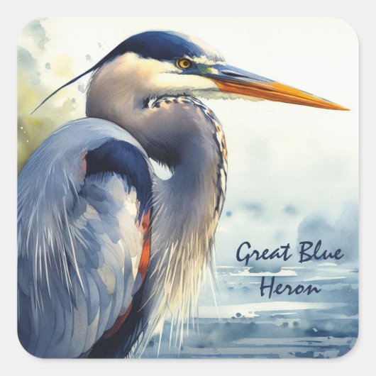 Grote Blauwe Heron Waterverf Vogelkunst Wetlands Vierkante Sticker (Voorkant)