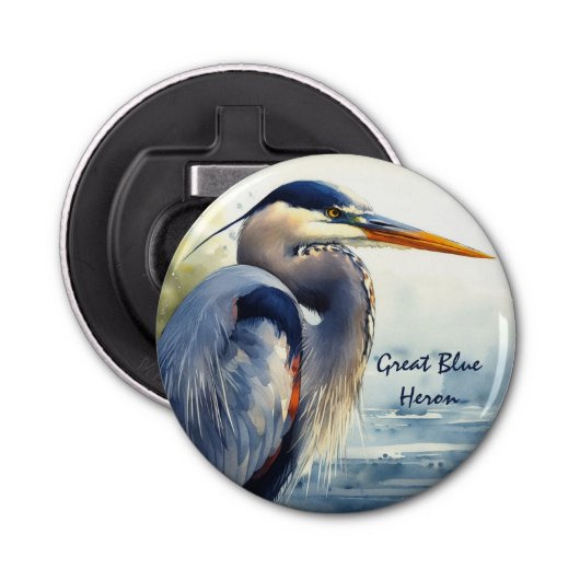 Grote Blauwe Heron Wildlife Wetlands Vogelkunst Na Button Flesopener (Voorkant)