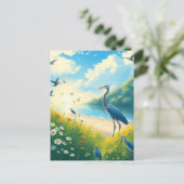 Grote Blauwe Heron Zonsondergang Wildbloemen Lands Briefkaart (Staand voorkant)