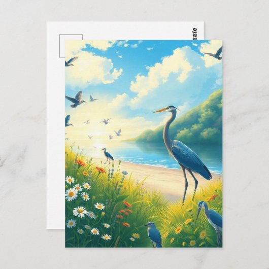 Grote Blauwe Heron Zonsondergang Wildbloemen Lands Briefkaart (Voorkant / Achterkant)