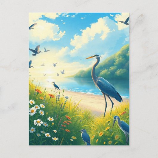 Grote Blauwe Heron Zonsondergang Wildbloemen Lands Briefkaart (Voorkant)