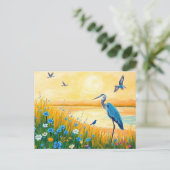 Grote Blauwe Heron Zonsondergang Wildbloemen Lands Briefkaart (Staand voorkant)