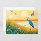 Grote Blauwe Heron Zonsondergang Wildbloemen Lands Briefkaart (Voorkant / Achterkant)