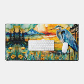 Grote Blauwe Heron Zonsondergang Wildbloemen Lands Bureaumat (Keyboard & Muis)