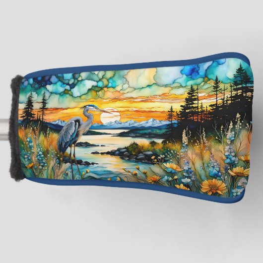 Grote Blauwe Heron Zonsondergang Wildbloemen Lands Golfheadcover (Voorkant)