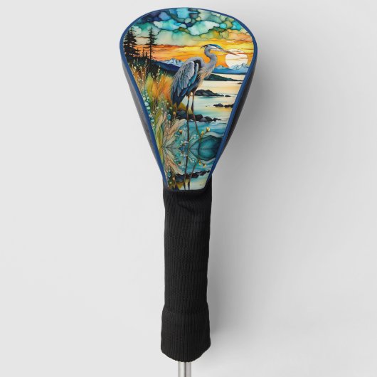 Grote Blauwe Heron Zonsondergang Wildbloemen Lands Golfheadcover (Voorkant)