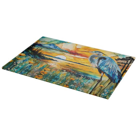 Grote Blauwe Heron Zonsondergang Wildbloemen Lands Snijplank (Hoek)