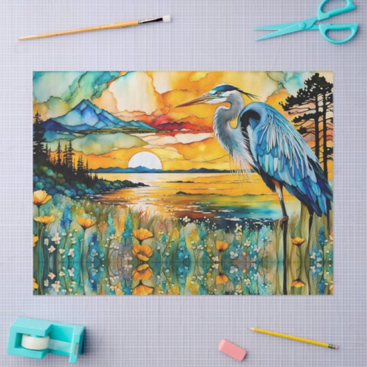 Grote Blauwe Heron Zonsondergang Wildbloemen Lands Tissuepapier (Craft)