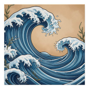 Grote Blauwe Oceaangolven Japanse Stijl  Perfect Poster