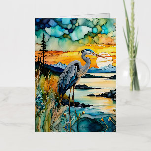 Grote blauwe reiger berg zonsondergang folie wenskaart
