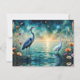 Grote blauwe reiger en ooievaarsbloemen in water briefkaart