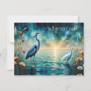 Grote blauwe reiger en zilverreiger bloemen water briefkaart