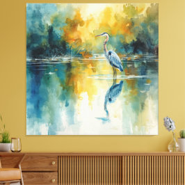 Grote Blauwe Reiger Gele Zonsopgang Canvas Afdruk