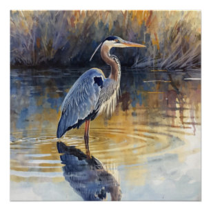 Grote Blauwe Reiger Rivier Aquarellen Perfect Poster
