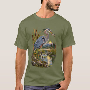 Grote Blauwe Reiger Vissen bij Zonsondergang Natuu T-shirt