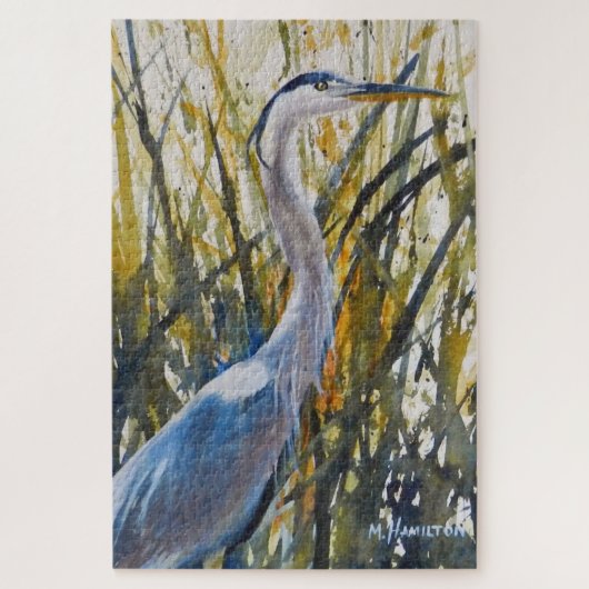 Grote blauwe reiger vogel in de onkruid kunst legpuzzel (Verticaal)