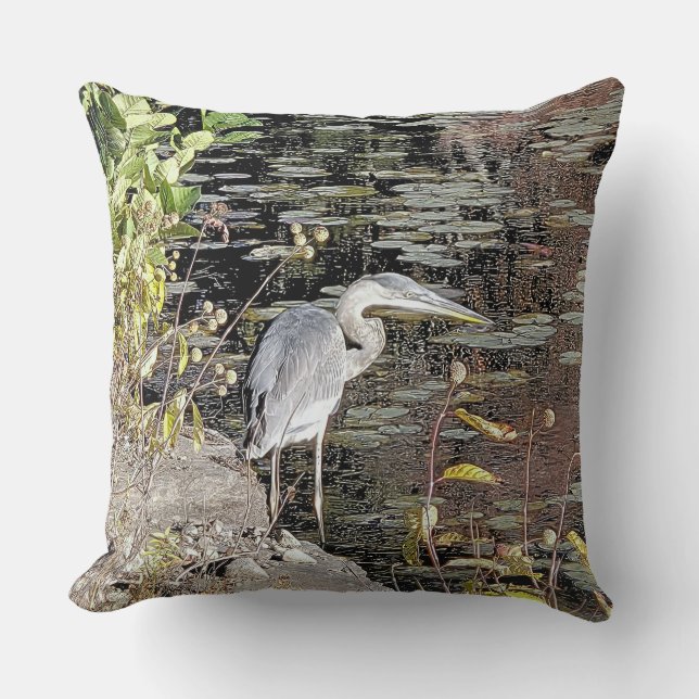 Grote Blauwe Reiger Worpkussen Kussen (Voorkant)