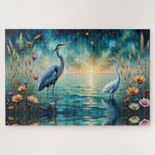 Grote blauwe Reiger & Zilverreiger bloemen in wate Legpuzzel
