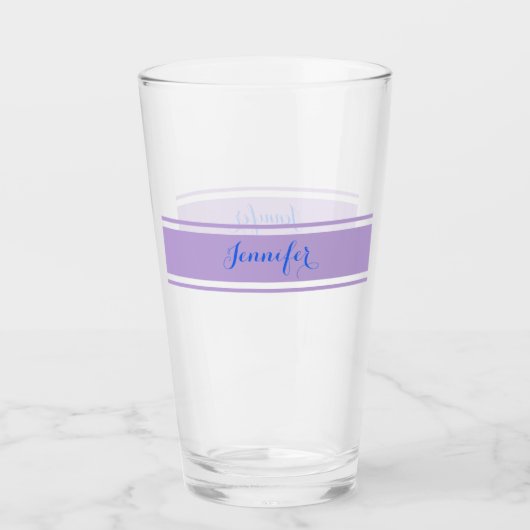 Grote Blauwe Script Naam, Lavendelstrepen op Wit Glas (Voorkant)