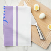 Grote Blauwe Script Naam, Lavendelstrepen op Wit Theedoek (Quarter Fold)
