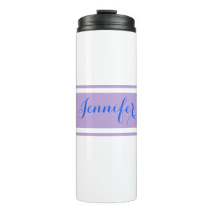 Grote Blauwe Script Naam, Lavendelstrepen op Wit Thermosbeker
