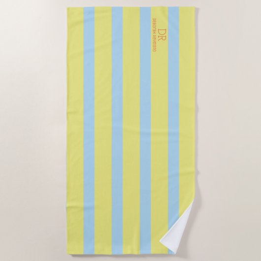 Grote bleke blauw geel strepen monogrammed strandlaken (Voorkant)