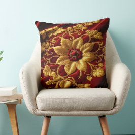  Grote Bloem Borduurwerk look Rood Goud 2e Kussen