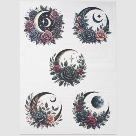 Grote Bloemen Gothic Crescent Moons & Rozen Decoup Tissuepapier (Voorkant)