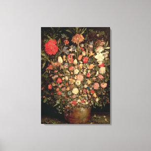 Grote bloemen in een houten bad canvas afdruk