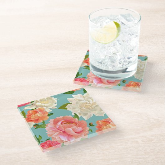 Grote bloemen op Blue  Country Beverage Glazen Onderzetter (Schuin)