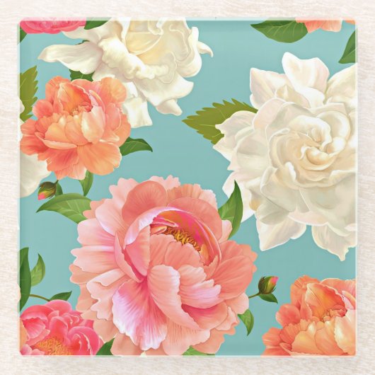 Grote bloemen op Blue  Country Beverage Glazen Onderzetter (Voorkant)