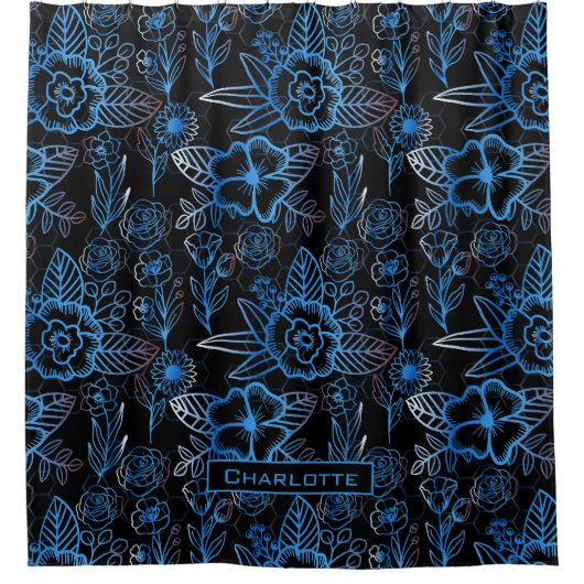 Grote bloesem blauwe gepersonaliseerde naam douchegordijn (Voorkant)