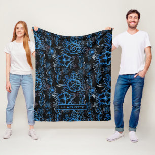 Grote bloesem blauwe gepersonaliseerde naam fleece deken