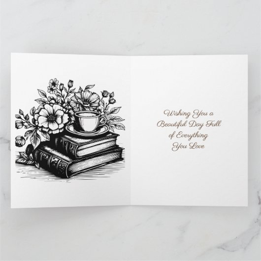 Grote  Boeken, Bloemen en Koffieverjaardag Kaart (Binnen)