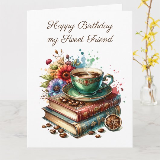 Grote Boeken, Bloemen en Koffieverjaardag Kaart (Gele Bloem)