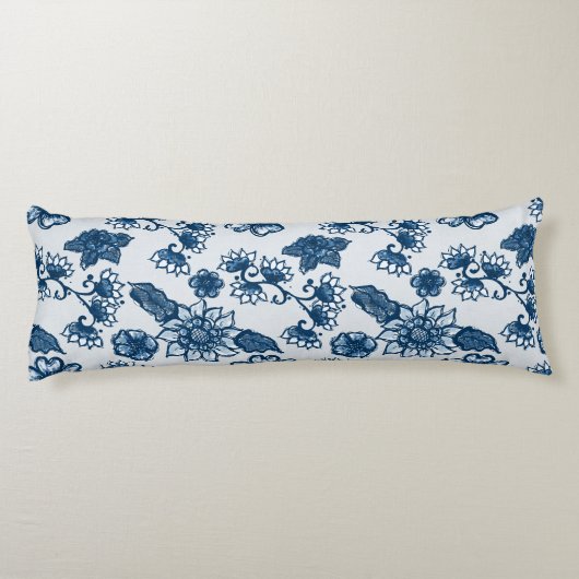 Grote Boho Flowers Classic Blue Lichaamskussen (Achterkant)