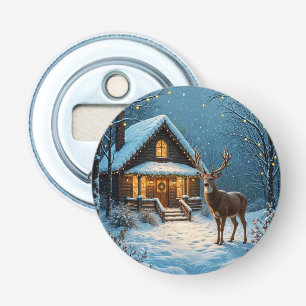 Grote bok bezoekt Kerstmis met sneeuw Button Flesopener
