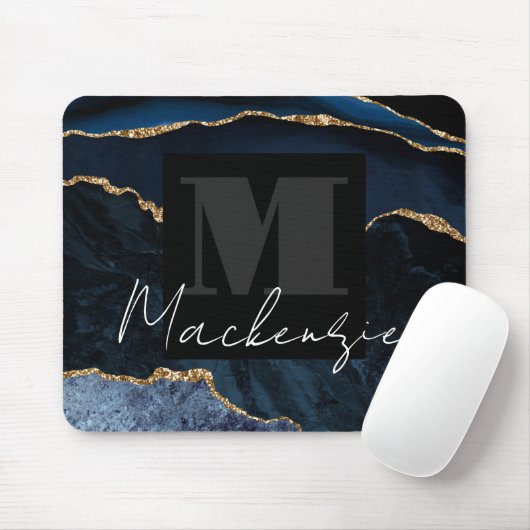 Grote Bold Monogram Blauwe Agaat Mousepad Muismat (Met muis)