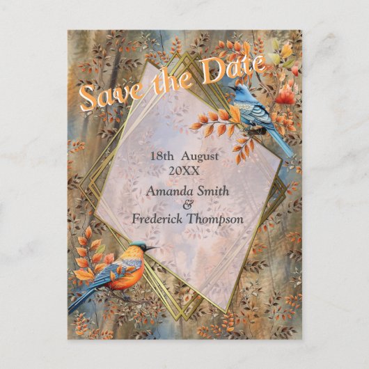 Grote bomen, Herfstbladeren & Blauwvogels. Aankondigingskaart (Voorkant)