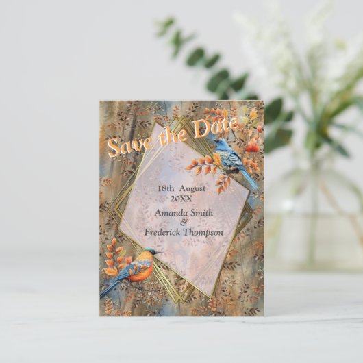 Grote bomen, Herfstbladeren & Blauwvogels. Aankondigingskaart (Staand voorkant)