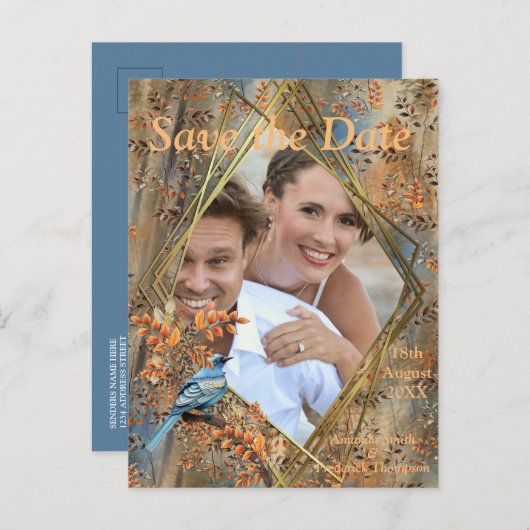 Grote bomen, Herfstbladeren & Blauwvogels. Aankondigingskaart (Voorkant / Achterkant)